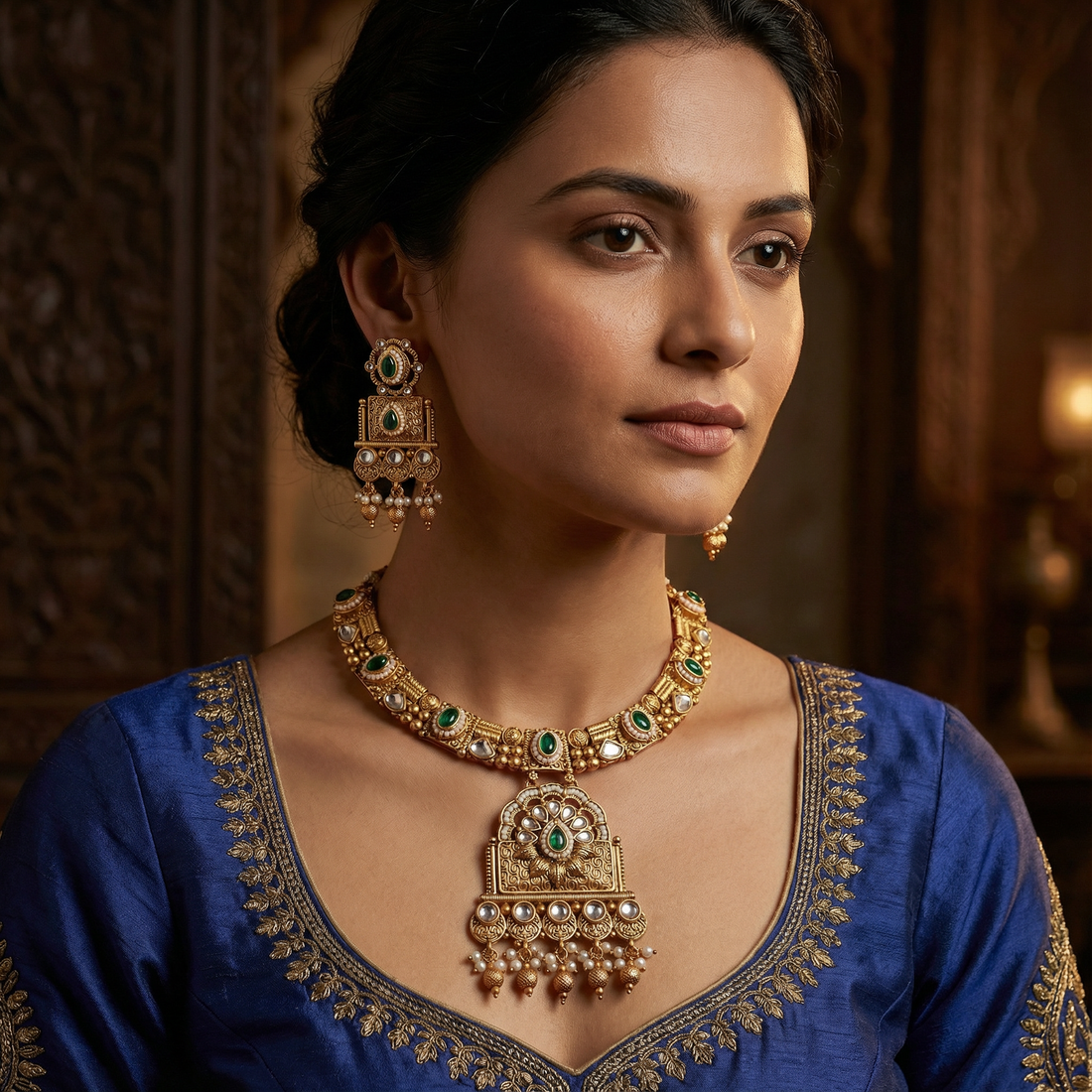 Temple Choker Necklace | Pallavi Gold-Plated South Indian Jewellery Set