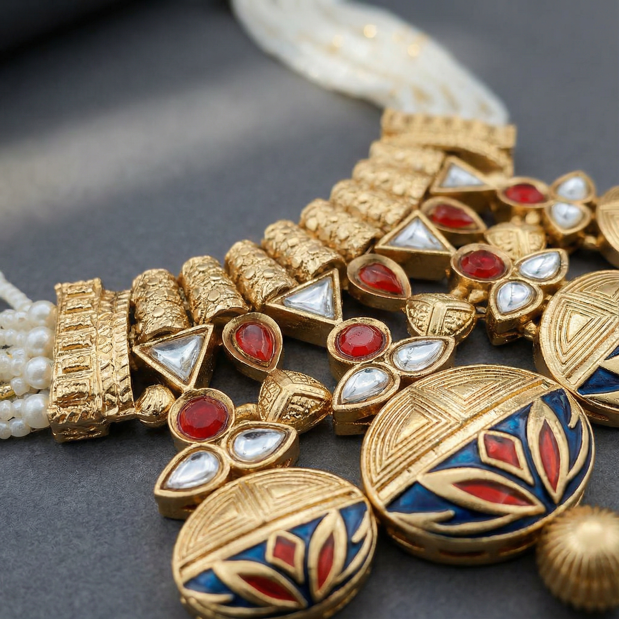 Rajwadi Necklace Set - Madhubala Bridal Jewelry - Gold Meenakari Choker with Earrings & Pearls