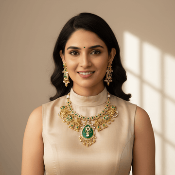 Woman wearing a gold and green necklace with matching earrings against a neutral background