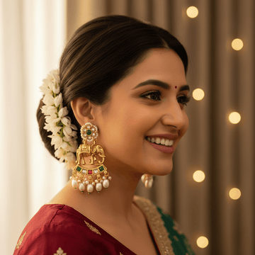 Woman wearing traditional earrings with a blurred background of lights