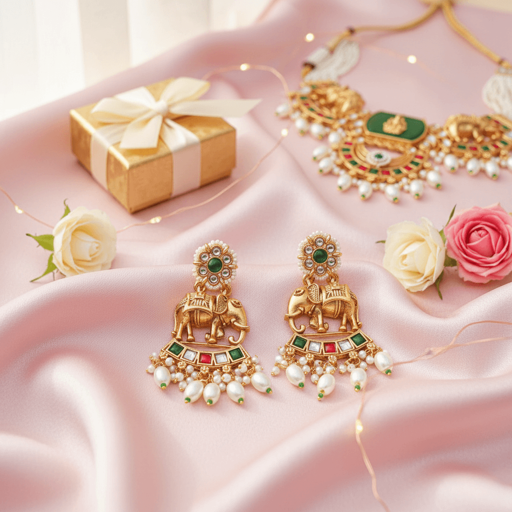 Gold earrings with green and red stones on a pink fabric background with flowers and a gift box.