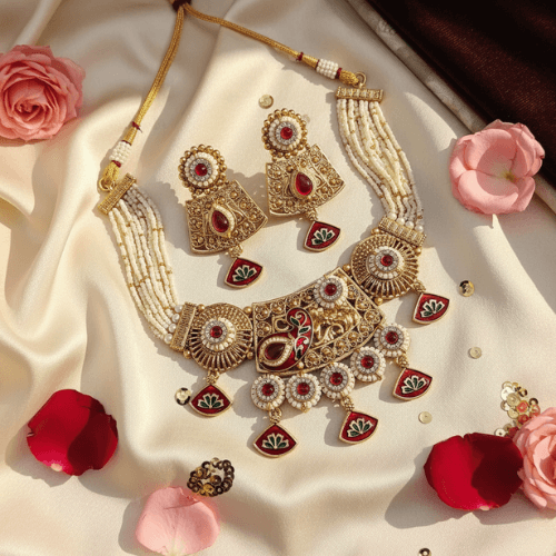 Ornate gold and red jewelry set with flowers on a beige fabric background