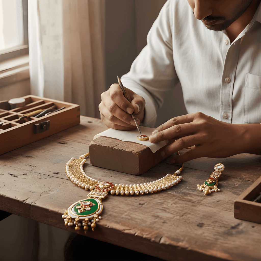 Person working on jewelry on a wooden table with tools and materials.