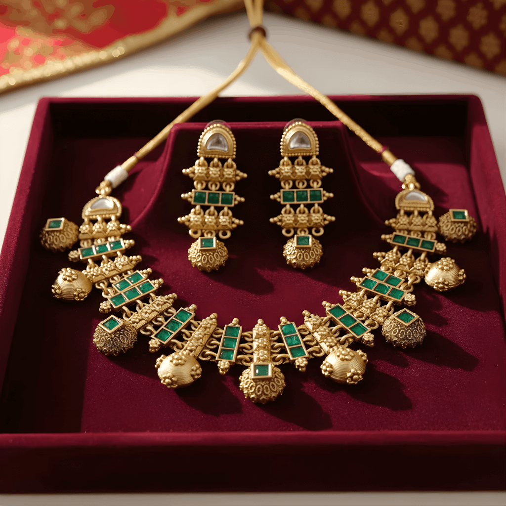 Gold necklace with green gemstones on a red cushion