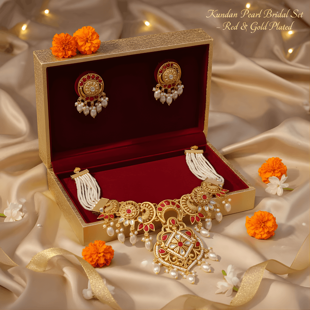 Kundan Pearl Bridal Set with gold and red plating in an open jewelry box on a satin background.