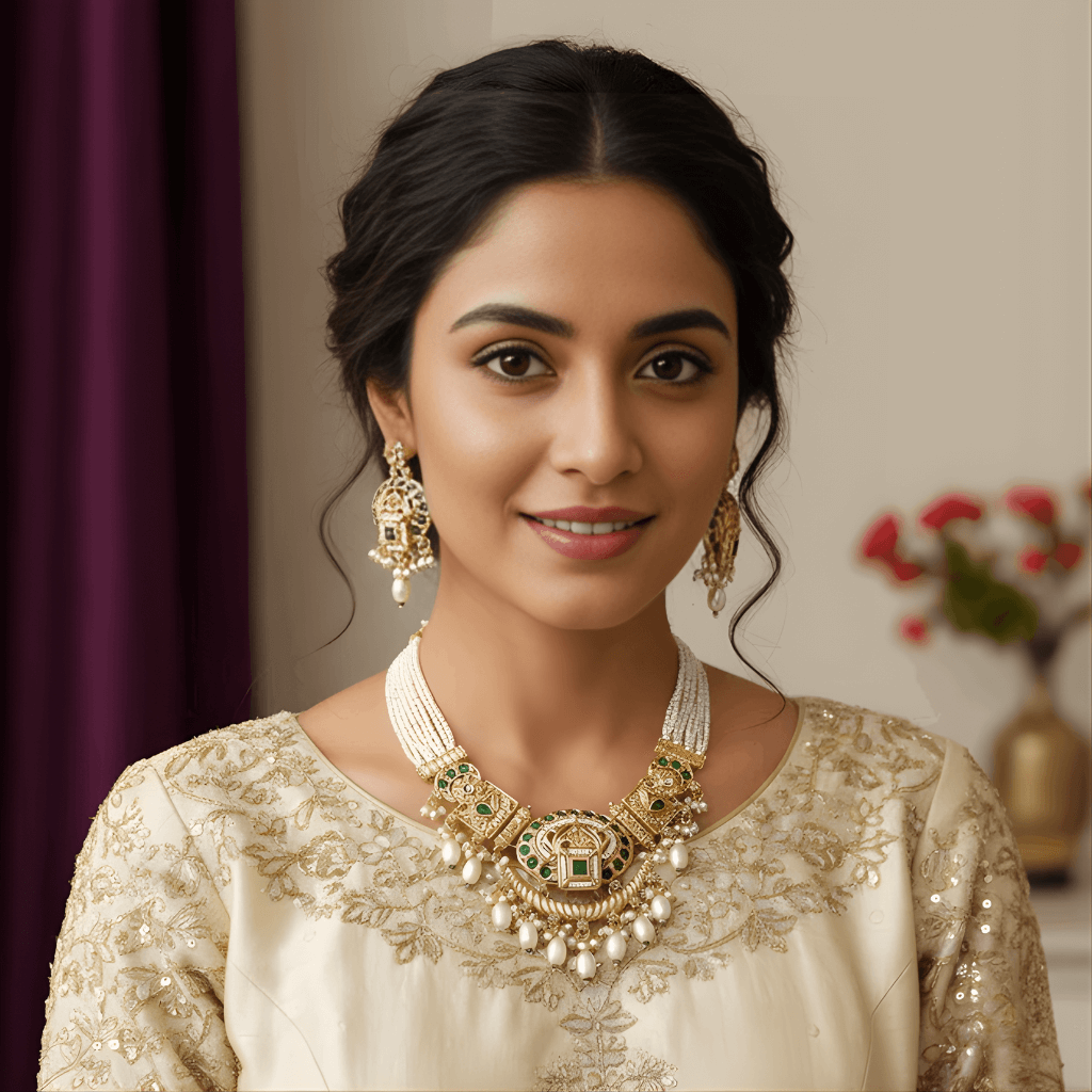 Gold necklace with green gemstones and pearl drops on a white background