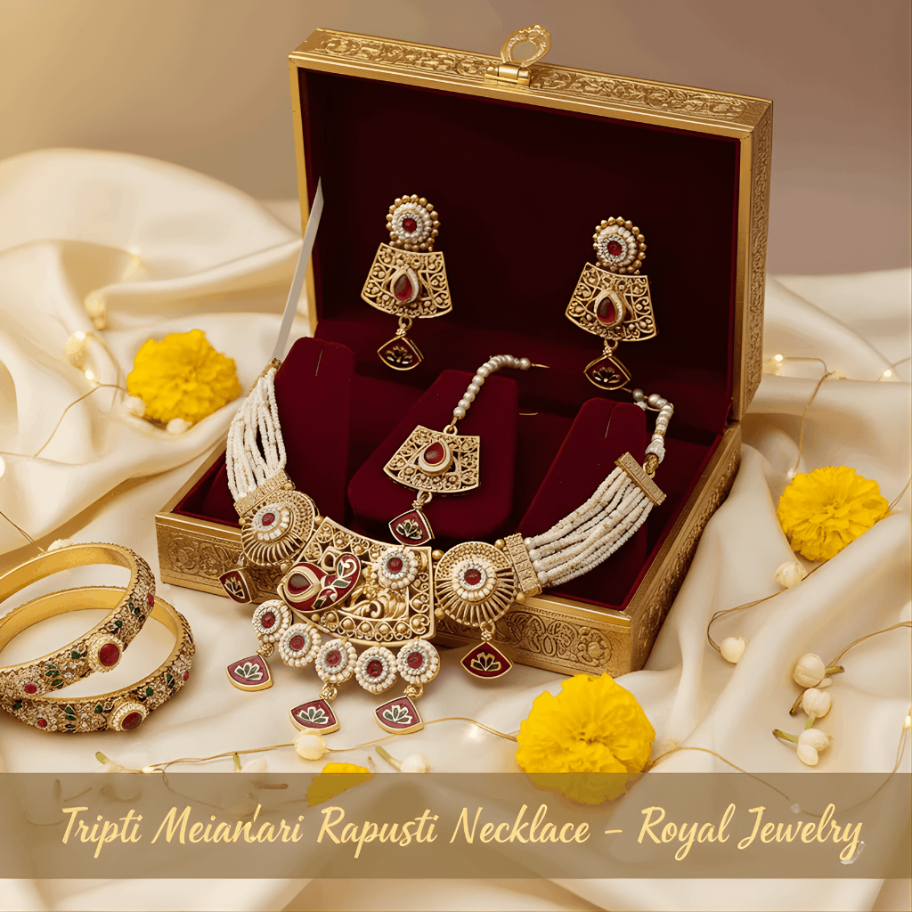 Royal jewelry set including necklace, earrings, and bangles in an ornate box with yellow flowers on a beige background.