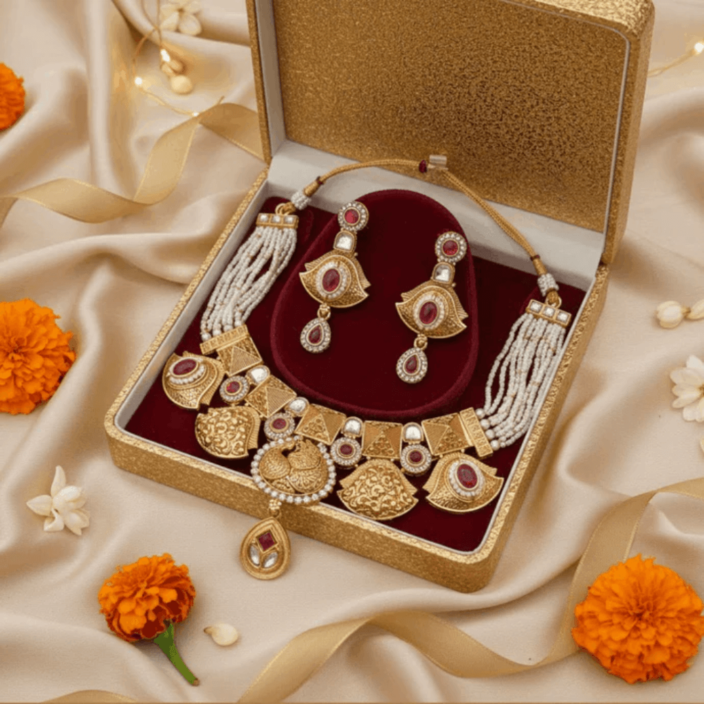 Gold jewelry set with earrings and necklaces in a decorative box on a soft fabric background.