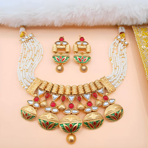 Rajwadi Necklace Set - Madhubala Bridal Jewelry - Gold Meenakari Choker with Earrings & Pearls