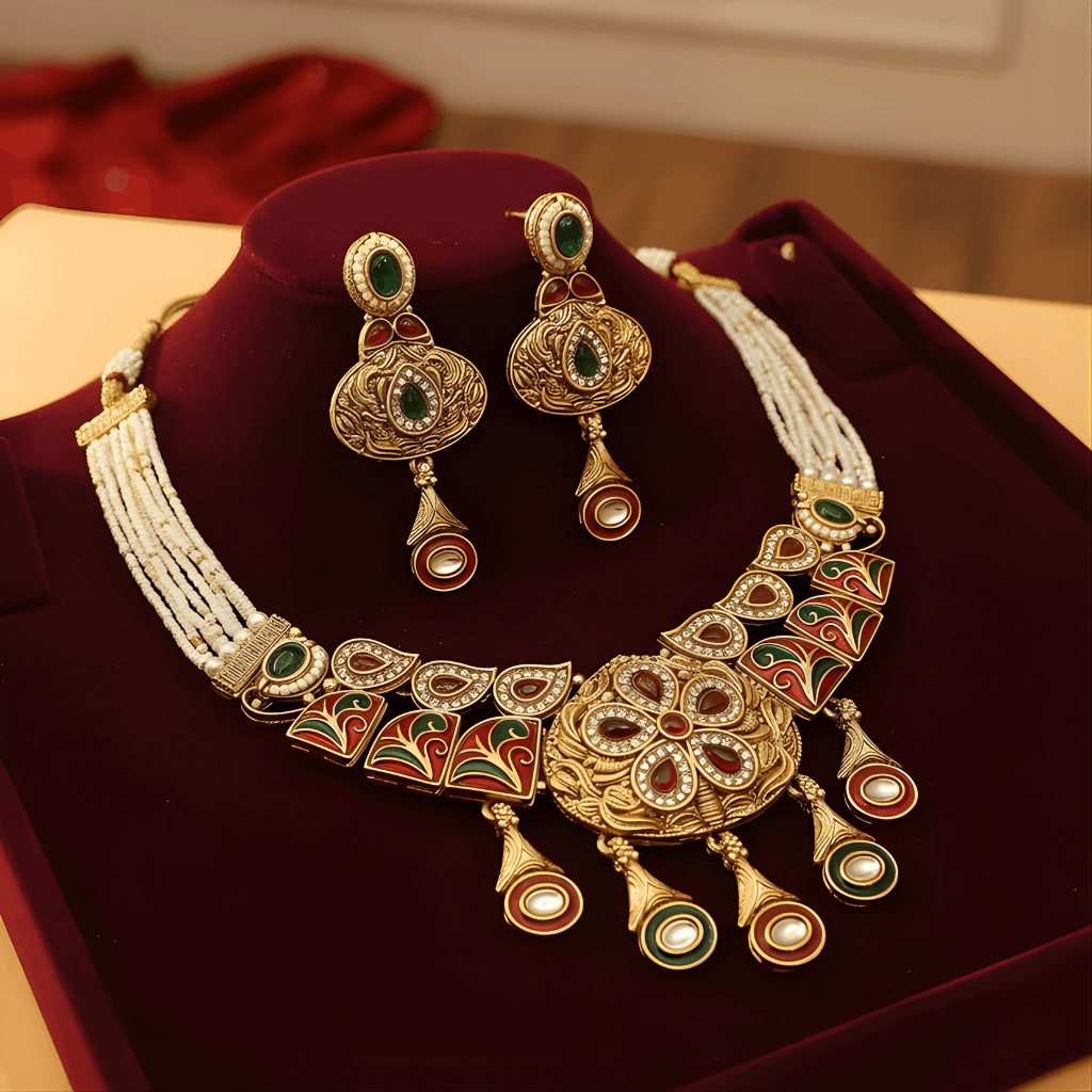 Ornate gold necklace and earrings set on a red velvet stand