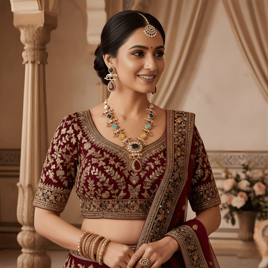 Woman in traditional maroon and gold embroidered outfit with jewelry in a decorative setting