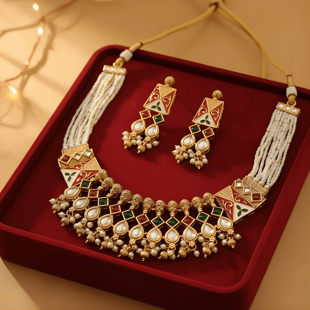 Ornate gold necklace and earrings on a red tray with a warm background