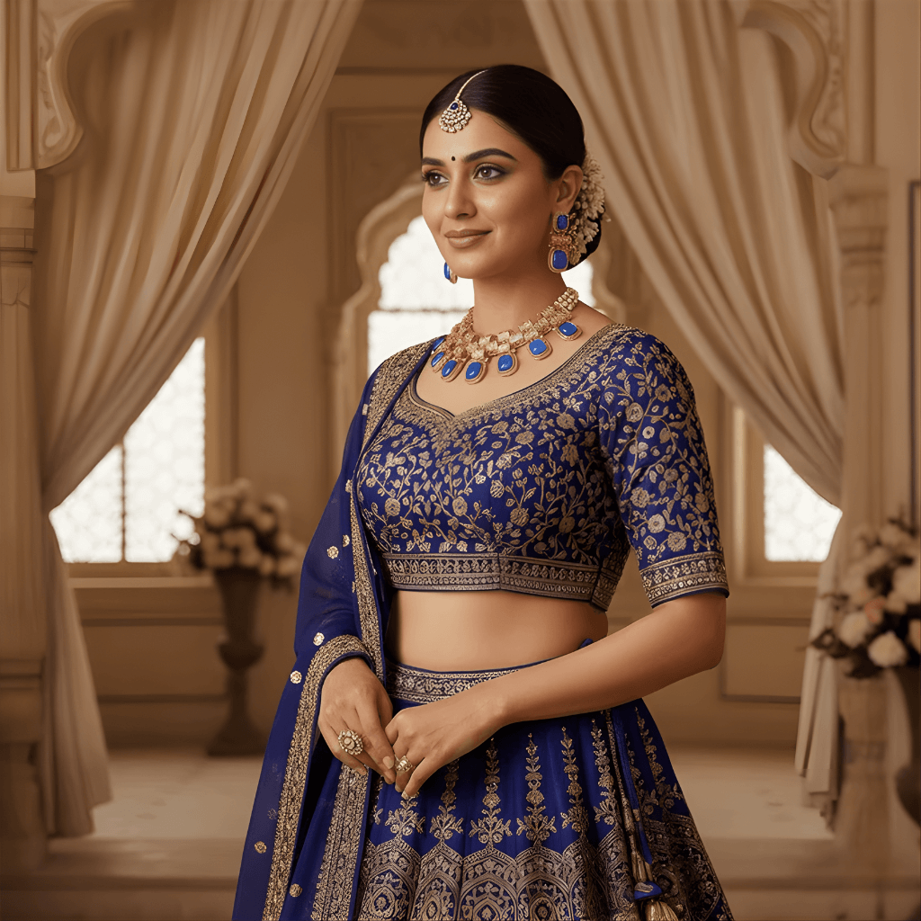Woman in a traditional blue and gold outfit with jewelry in an ornate room.