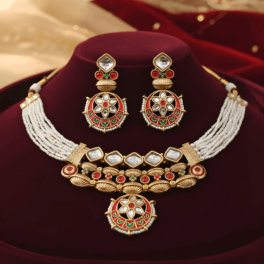 Ornate gold necklace with red and green accents on a red velvet stand