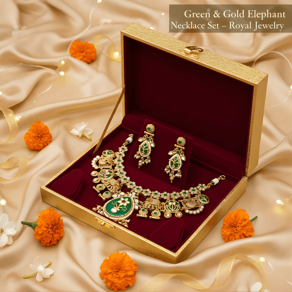 Green and gold elephant necklace set in a jewelry box on a beige fabric background with orange flowers.