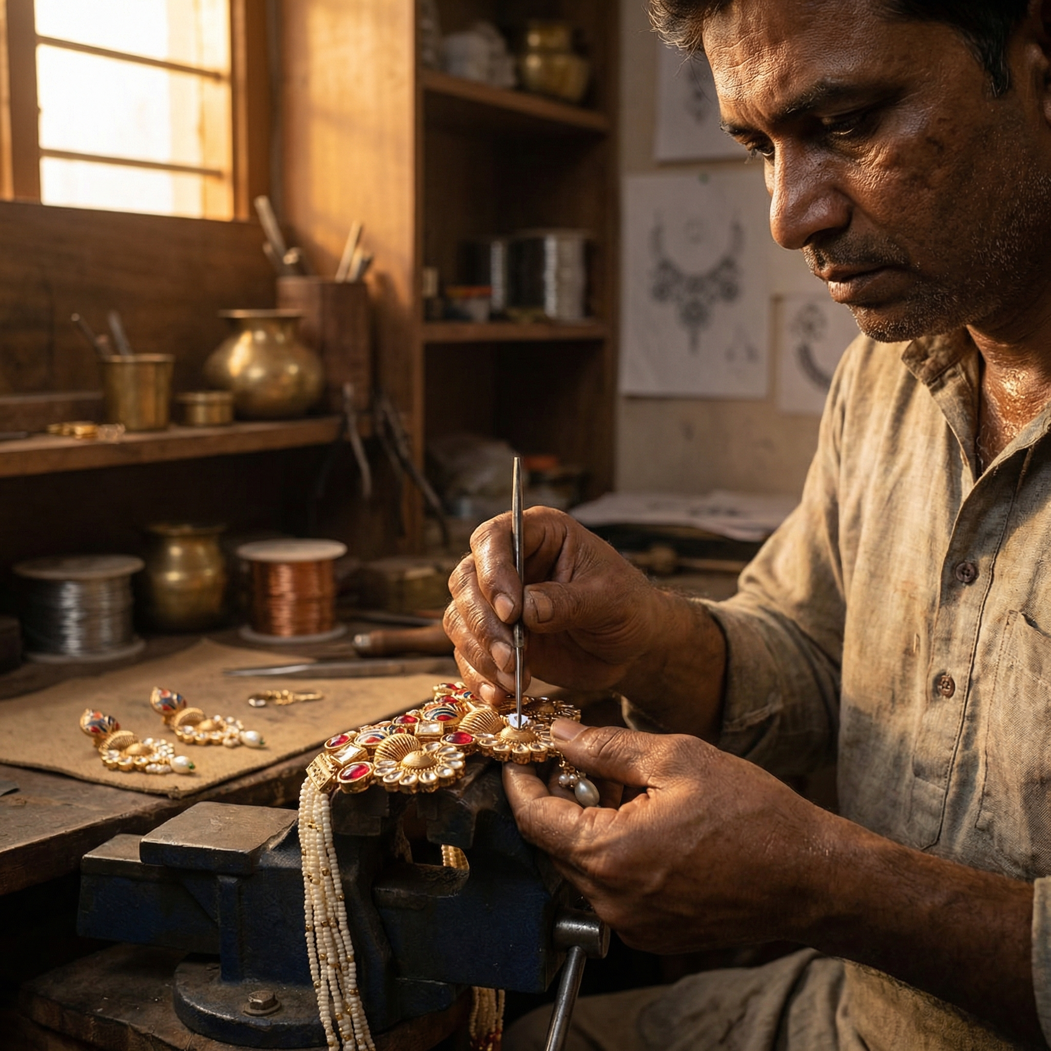 Sonakshi Matte Gold HasadiC hoker Set - Elegant Rajputi Jewellery for Timeless Beauty - nandai.store