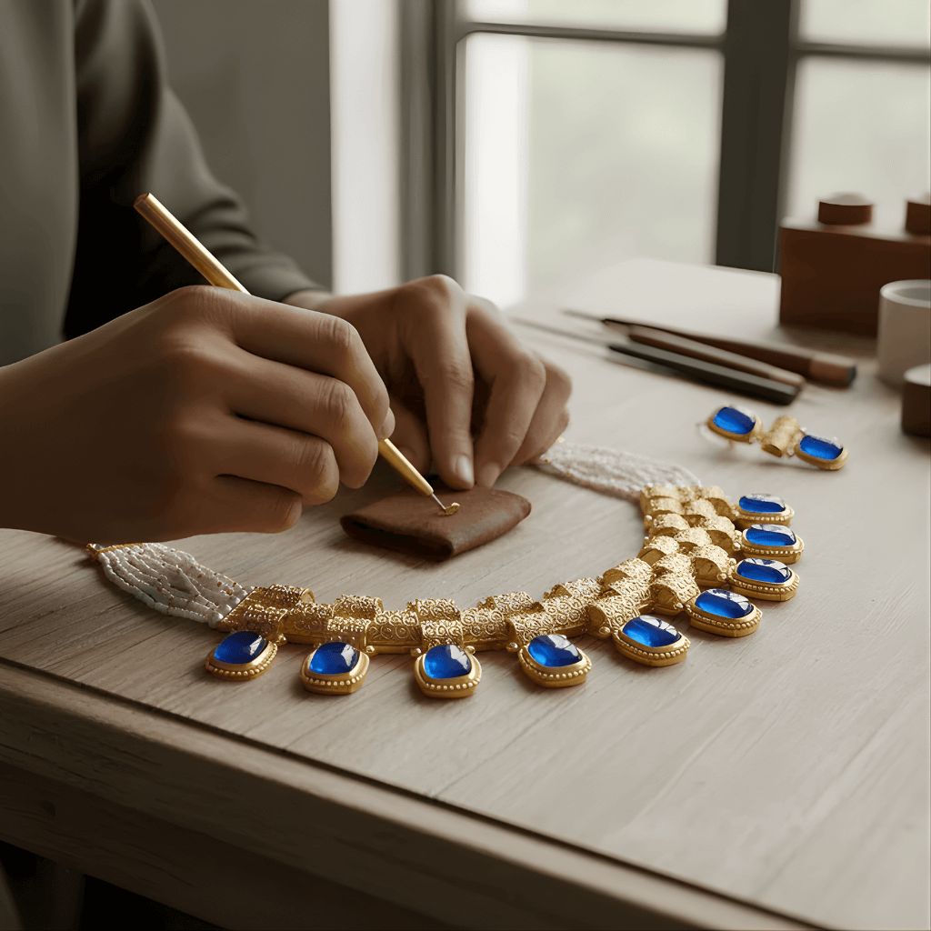 Person working on a gold necklace with blue stones on a wooden table.