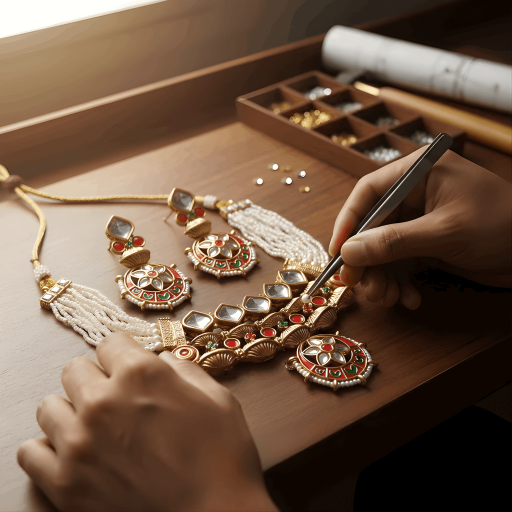 Gold jewelry set with gemstones being worked on by a craftsman.