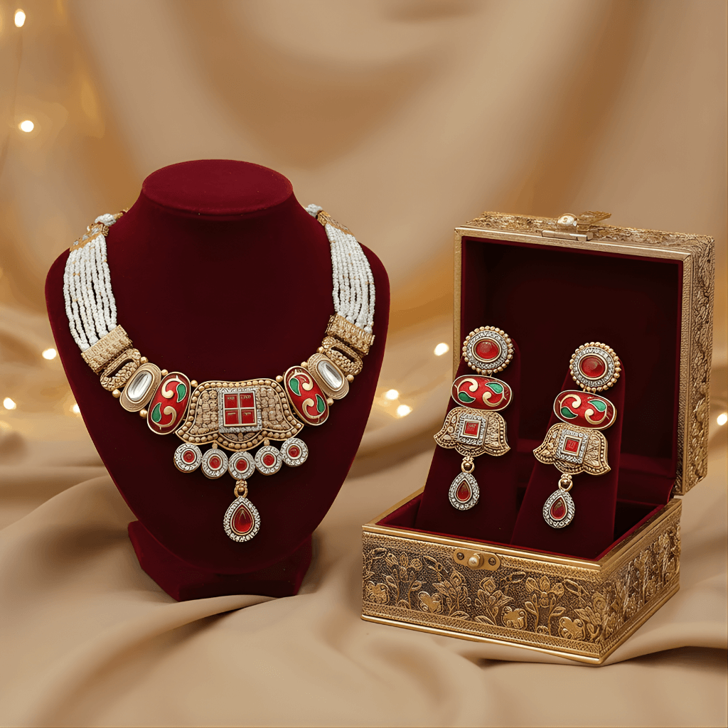 Ornate necklace and earrings set on a red velvet stand with a decorative box on a beige fabric background.