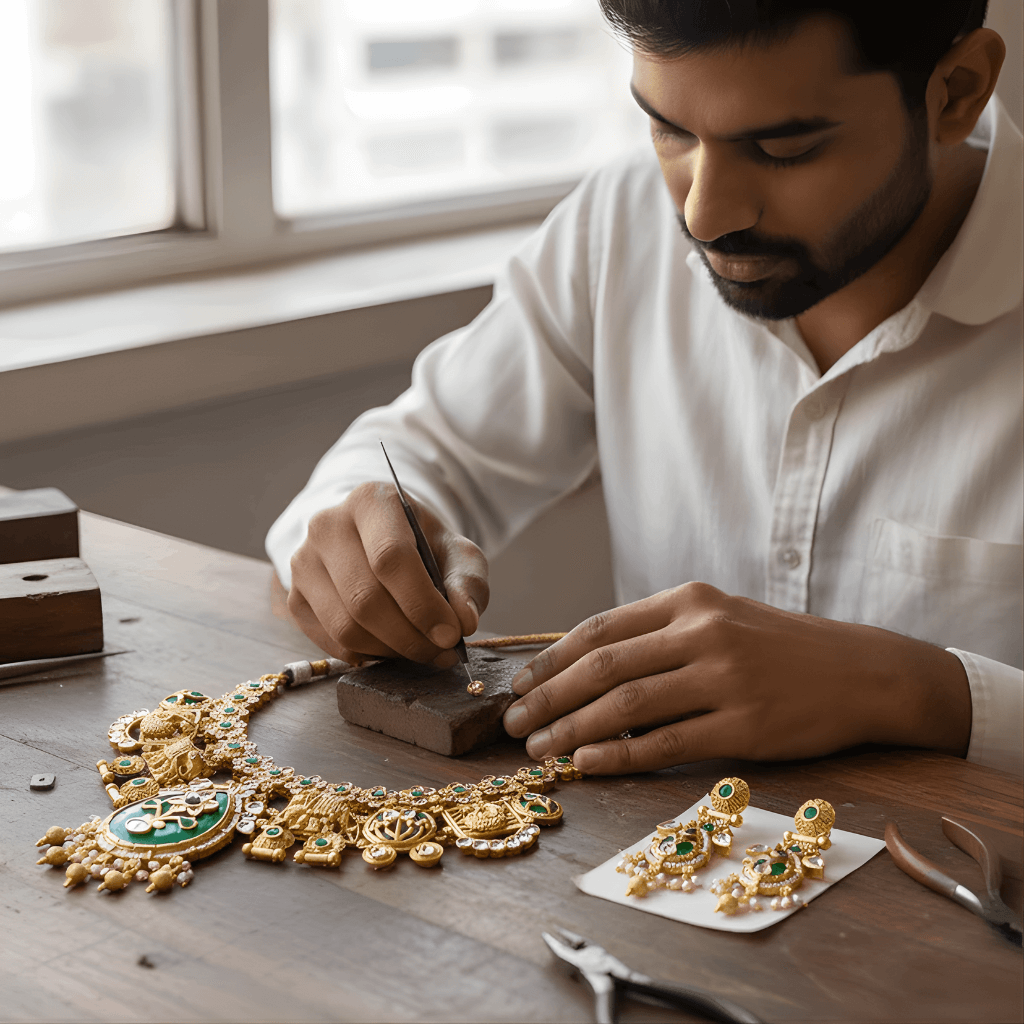 Man working on jewelry at a table with tools and a window in the background