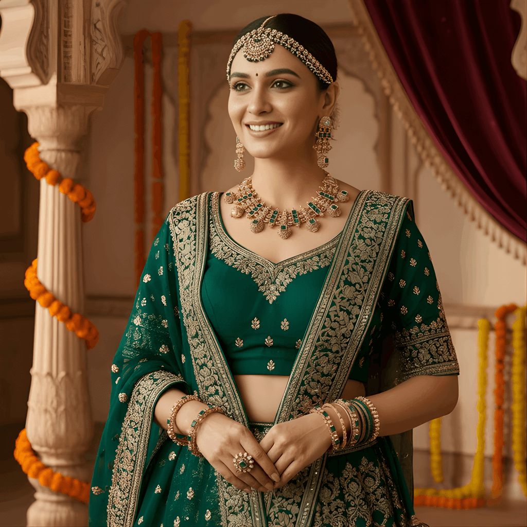 Woman in traditional green and gold outfit with jewelry in a decorated indoor setting