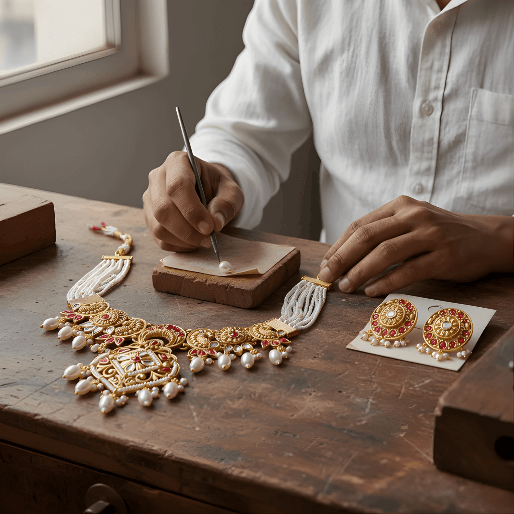 Person working on jewelry with gold necklaces and earrings on a wooden table.