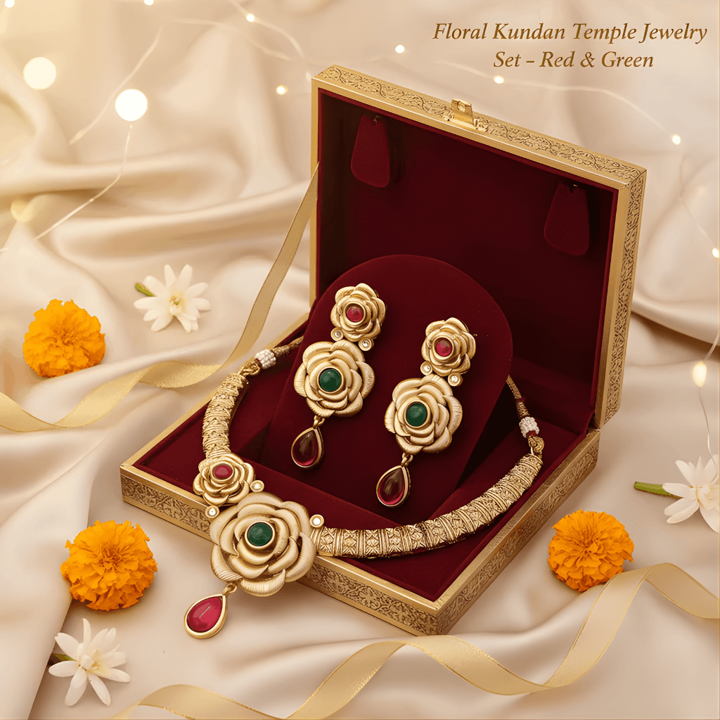 Floral Kundan Temple Jewelry Set in a decorative box with flowers and ribbons on a soft fabric background.