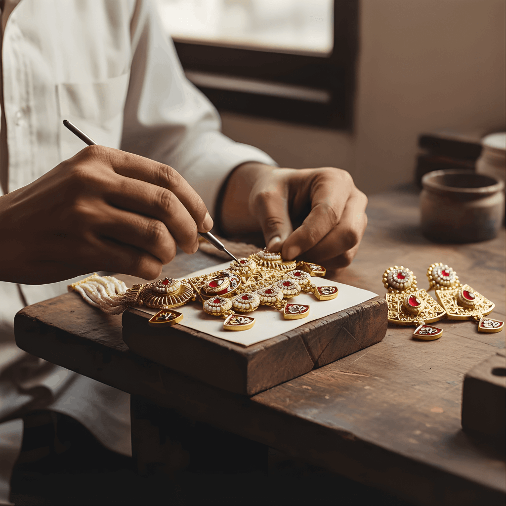 Person working on gold jewelry with gemstones on a wooden table.