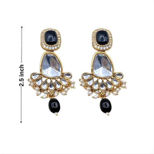 Pair of gold and black earrings with teardrop-shaped gemstones on a white background.