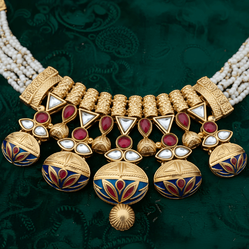 Rajwadi Necklace Set - Madhubala Bridal Jewelry - Gold Meenakari Choker with Earrings & Pearls