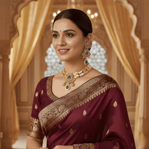 Gold necklace with green gemstones and matching earrings on a beige background