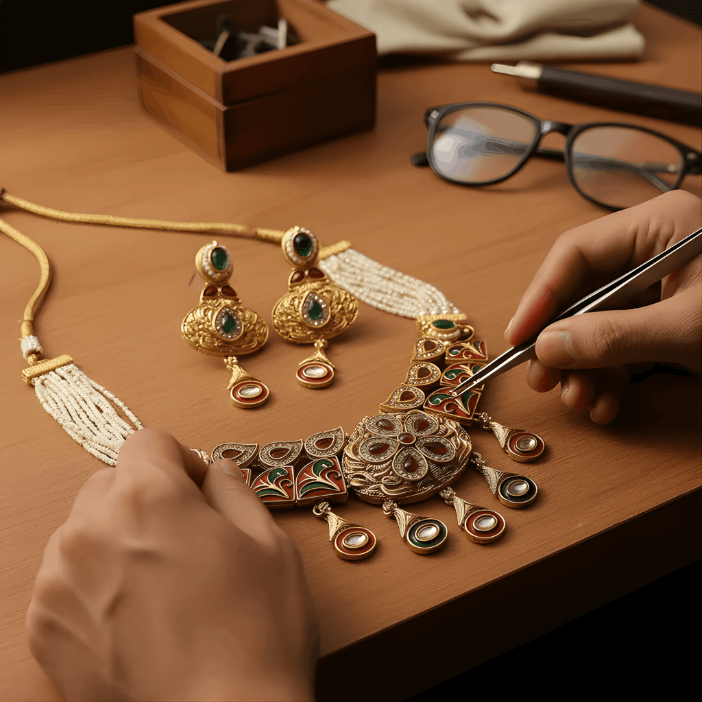 Gold jewelry set with necklace and earrings on a wooden surface, with hands working on the jewelry.