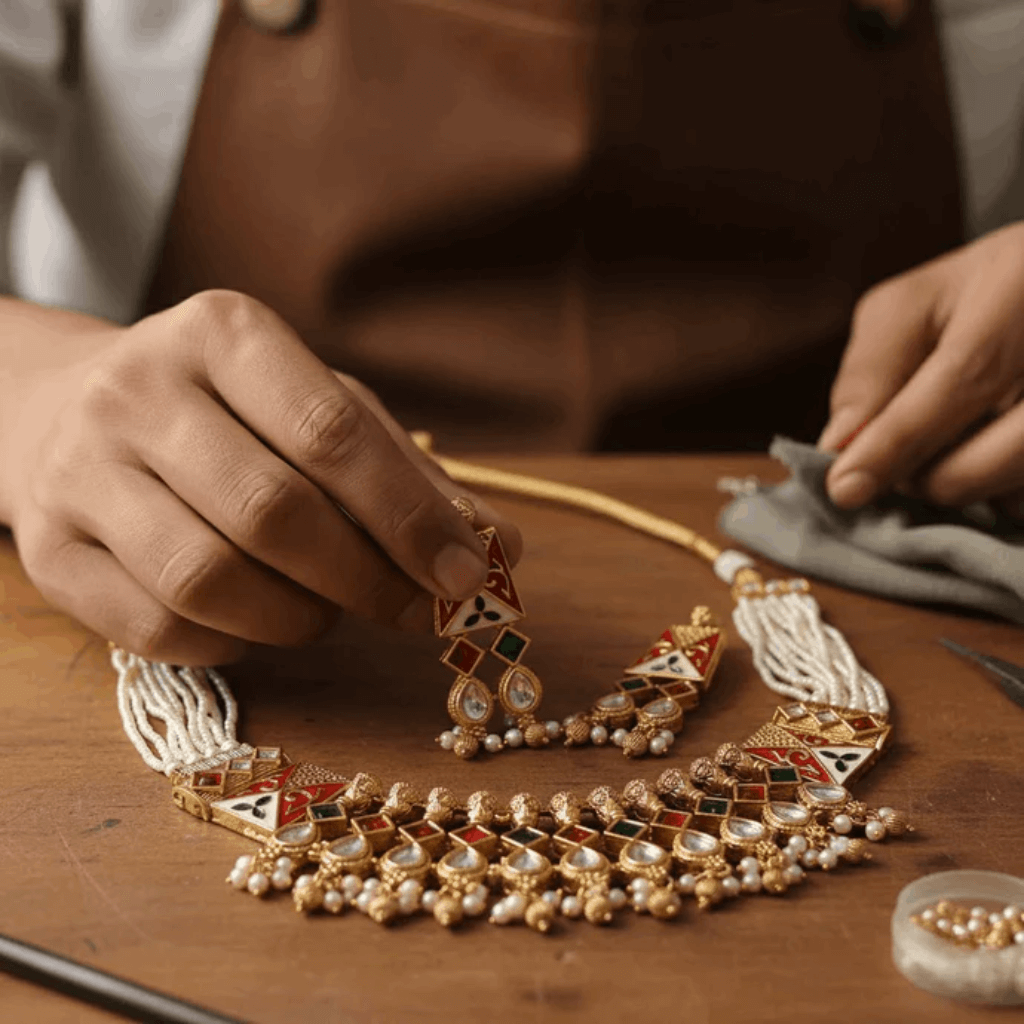 Jewelry set with intricate designs on a wooden surface