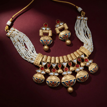 Rajwadi Necklace Set - Madhubala Bridal Jewelry - Gold Meenakari Choker with Earrings & Pearls