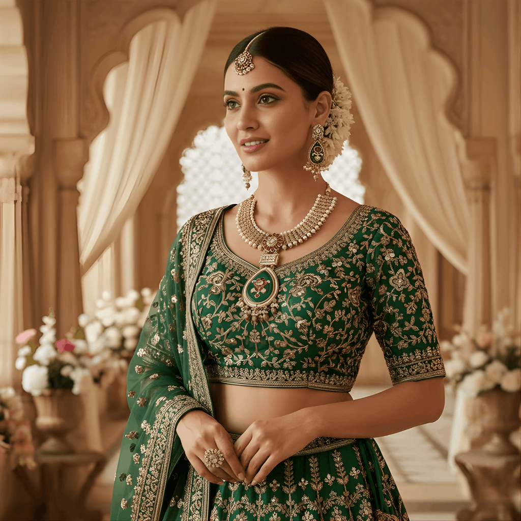 Woman in traditional green and gold outfit with jewelry in an elegant indoor setting