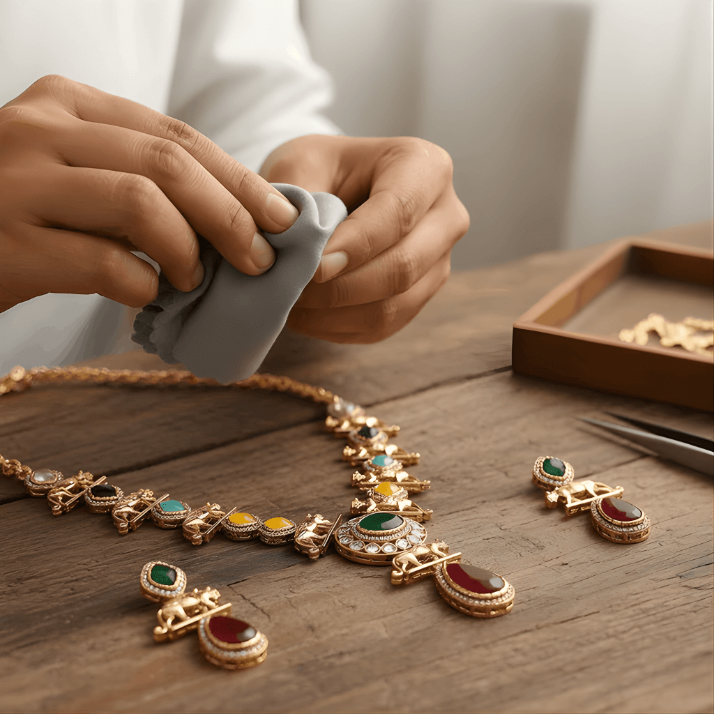 Person working on a gold necklace with colorful stones on a wooden surface.