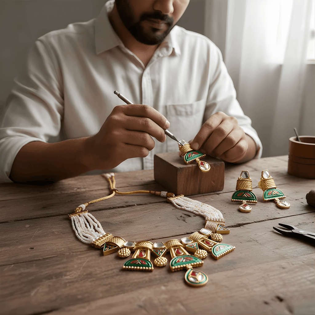 Man working on jewelry on a wooden table with various pieces displayed.
