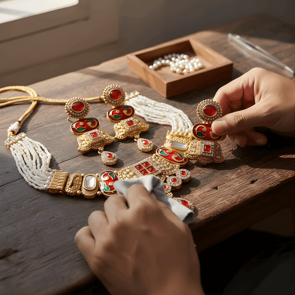 Gold and red jewelry set on a wooden table with hands cleaning it.