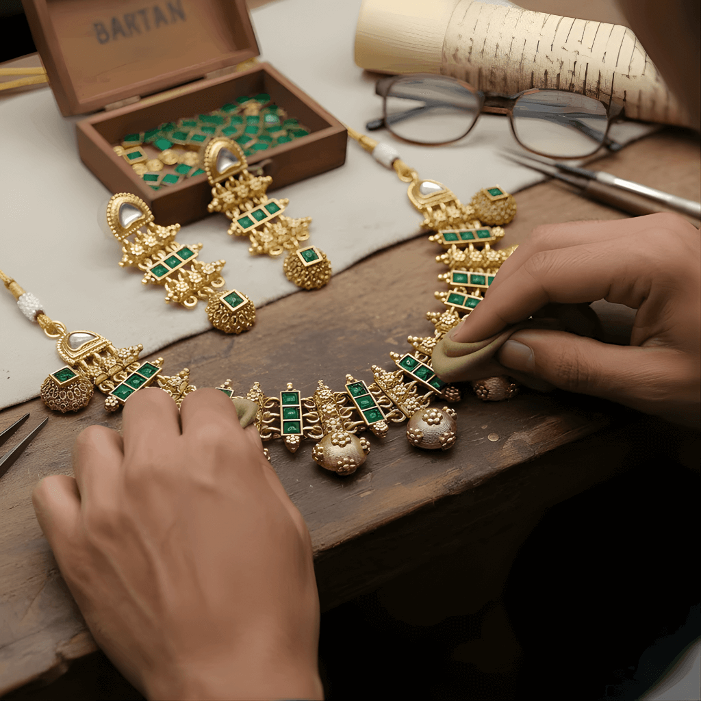 Gold and green gemstone jewelry on a wooden surface with a person's hands.