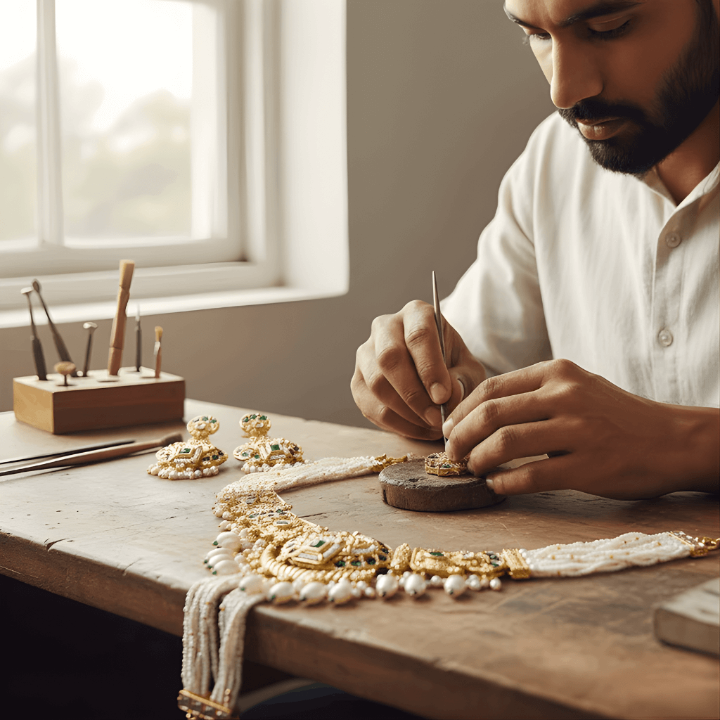 Man working on jewelry in a workshop with tools and materials on a table.