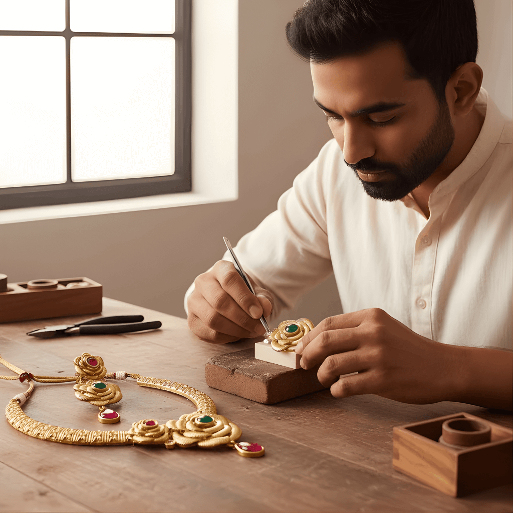 Man working on jewelry in a workshop setting