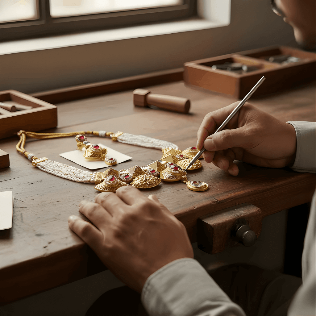 Gold jewelry being worked on by a craftsman in a workshop.