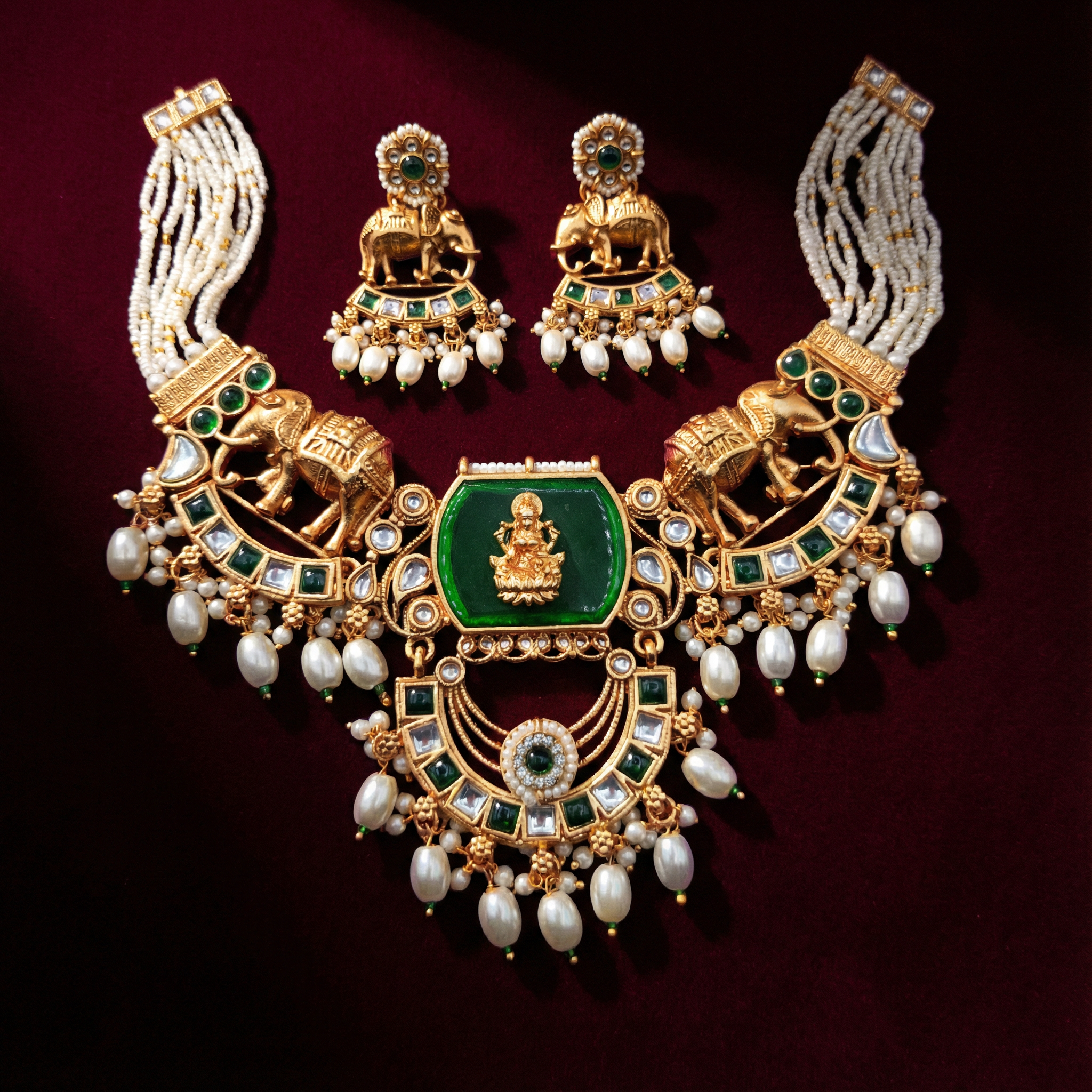 Kundan Necklace Set - Bihari Bridal Necklace with Elephant & Emerald Design