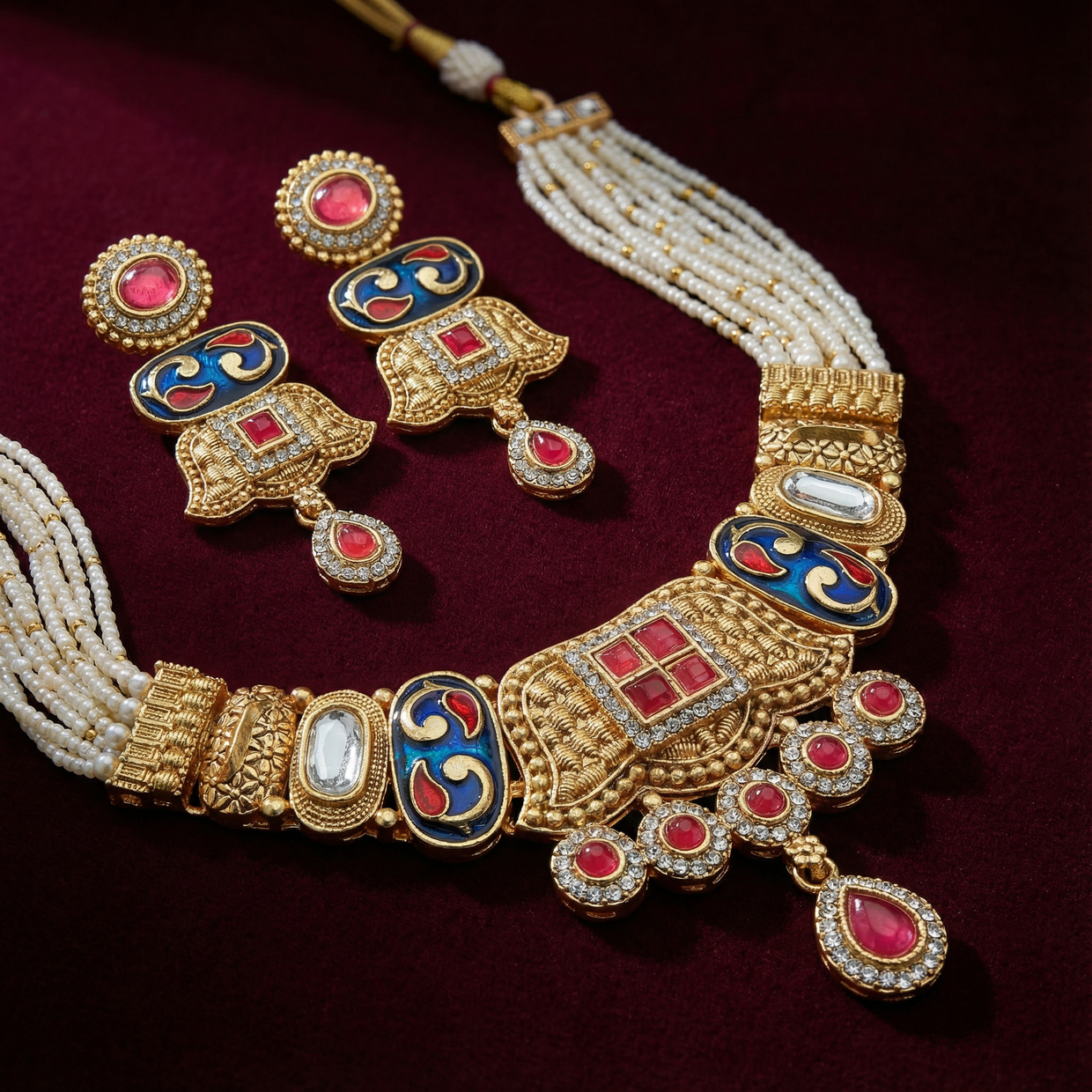 Close-up of intricate Kundan bridal jewellery set detailing
