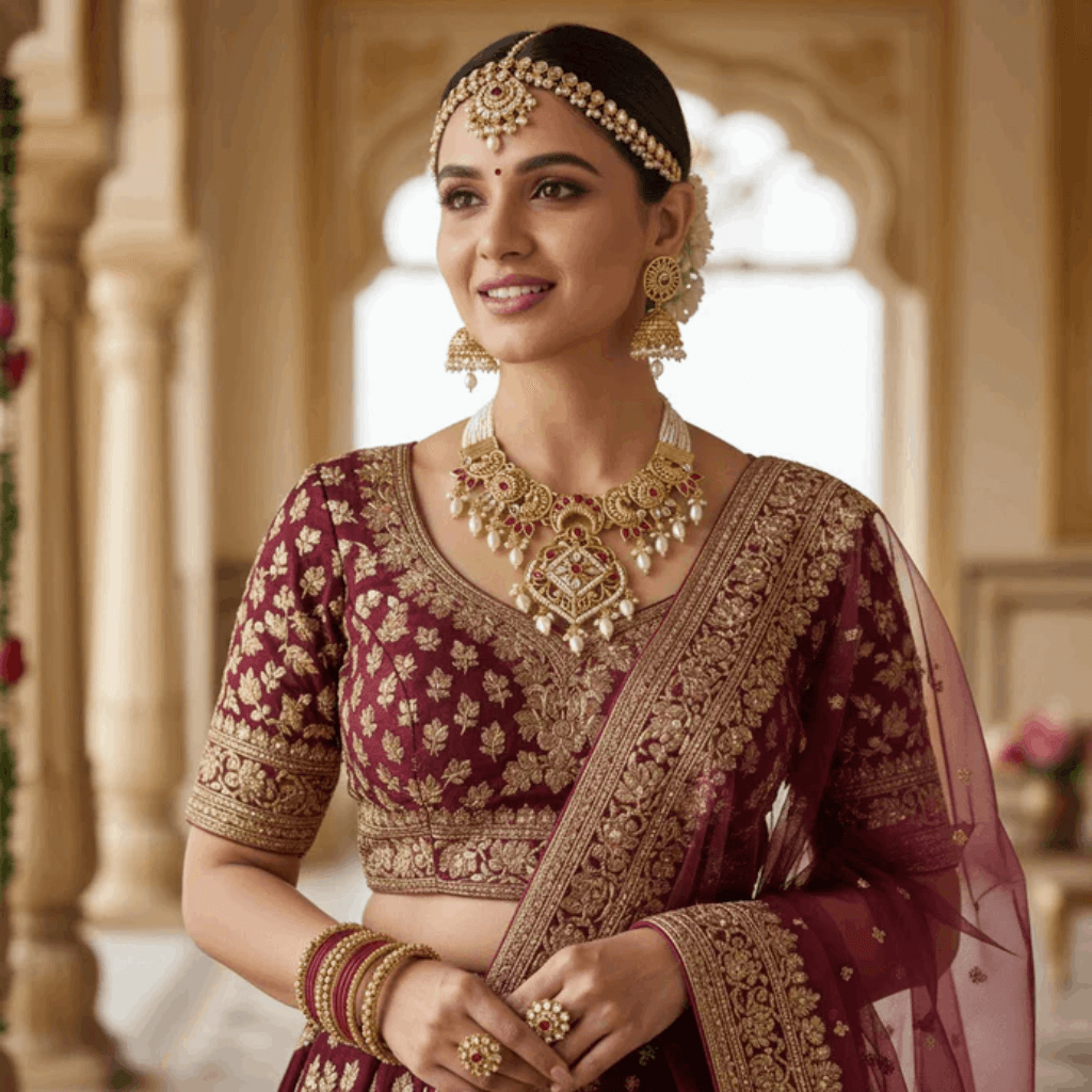 Gold necklace with red and white stones on a beige background