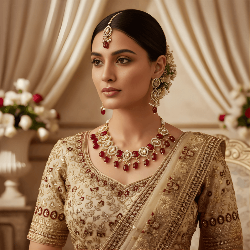 Woman wearing traditional jewelry and attire in a decorated room