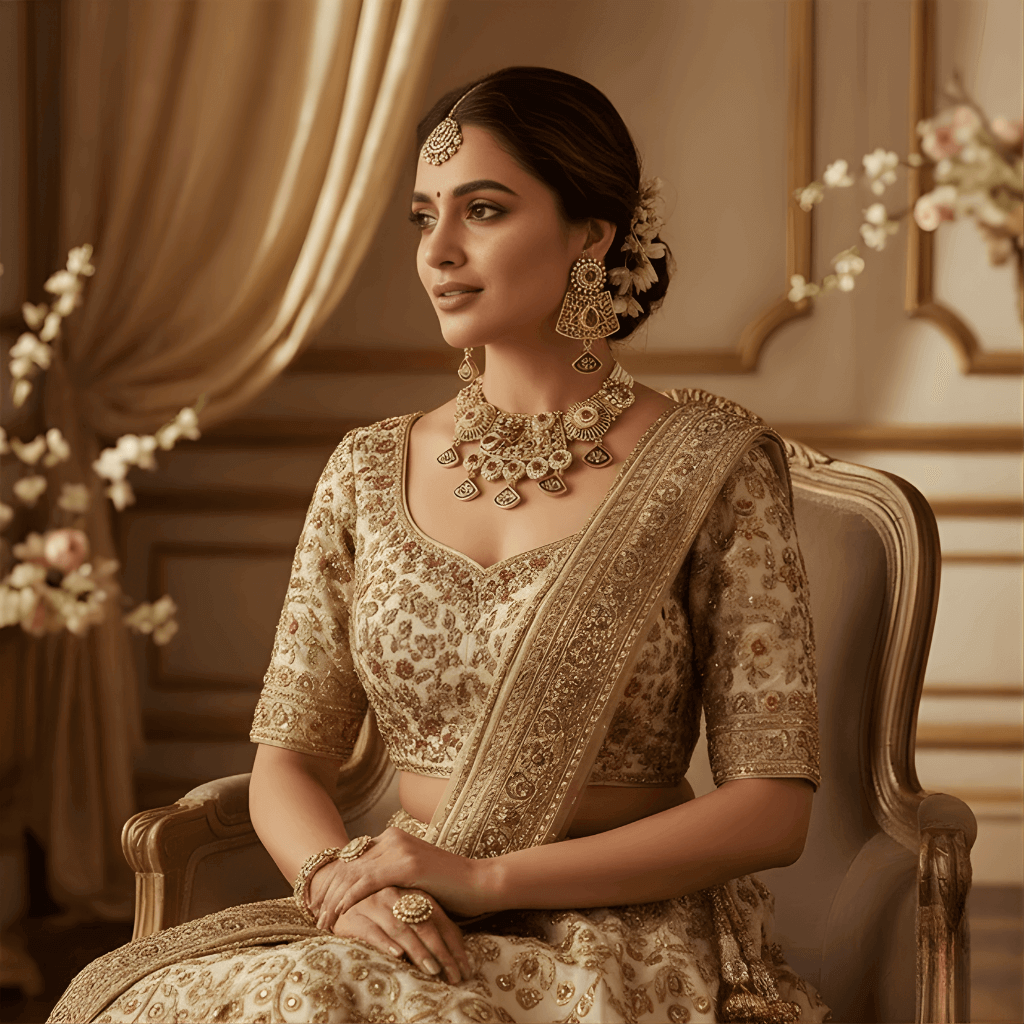 Woman in traditional embroidered outfit with jewelry in an elegant room.