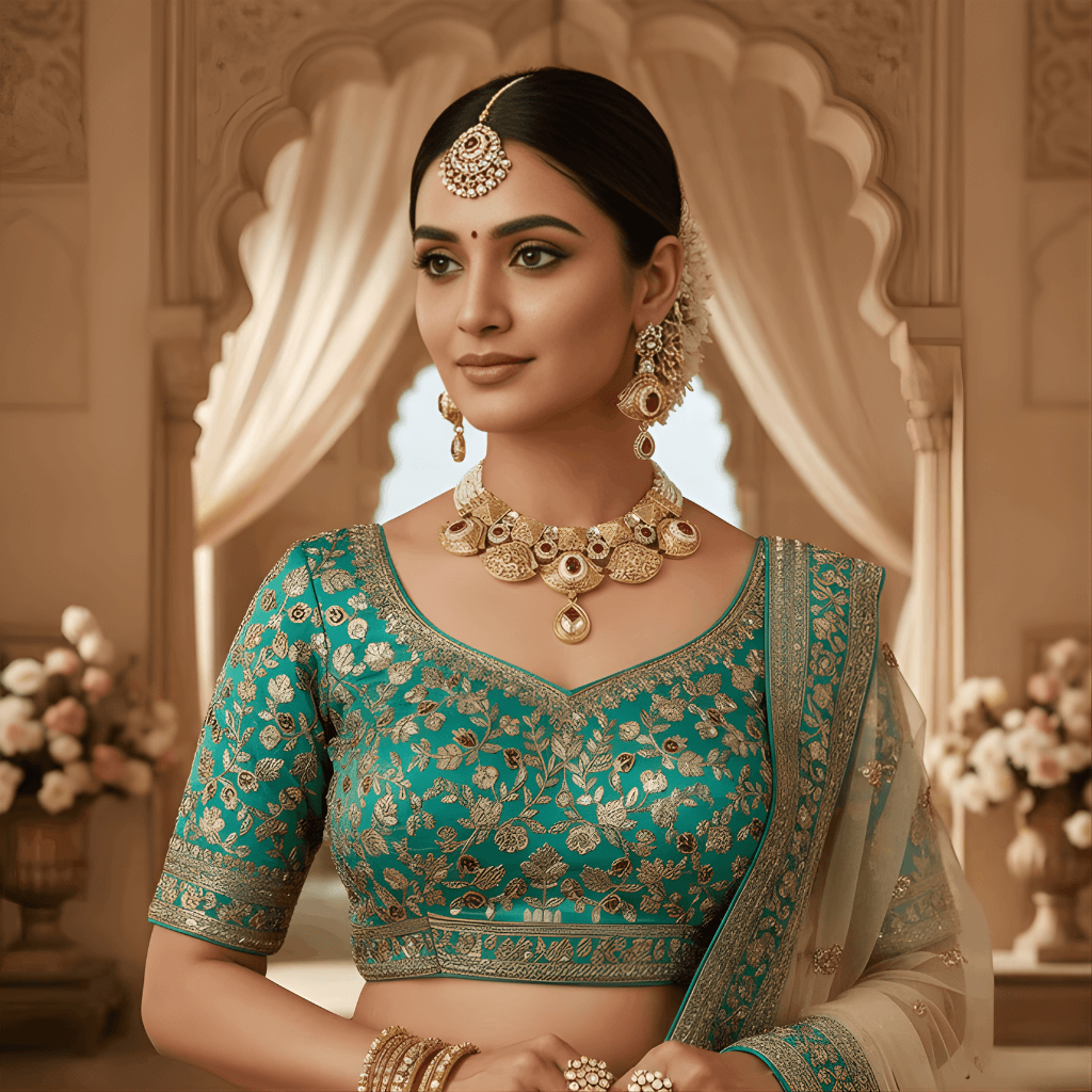 Gold necklace and earrings with red and white stones on a beige background