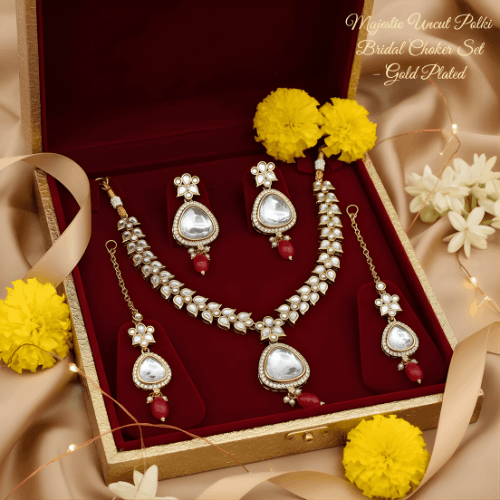 Polki Choker Set - Majestic Uncut Bridal Gold-Plated Necklace & Earrings for Elegant Style