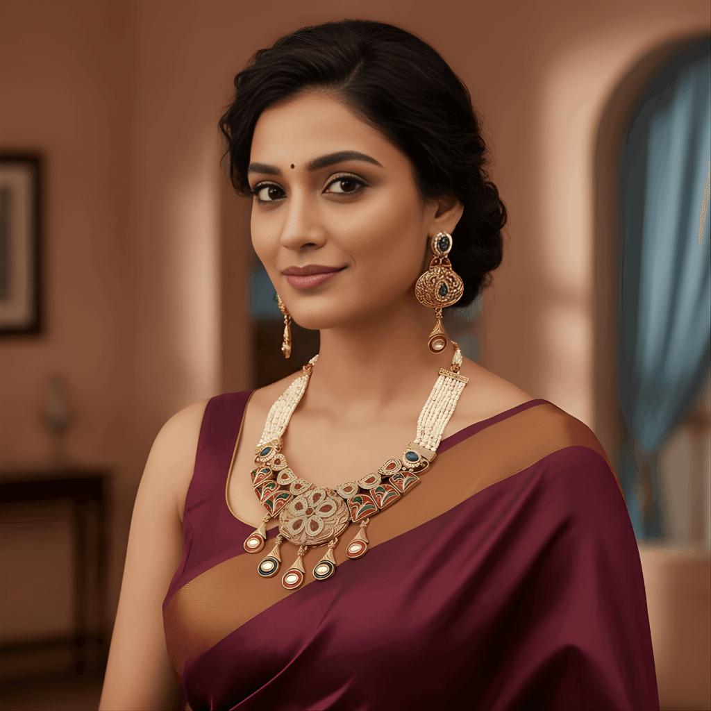 Ornate gold necklace with colorful gemstones on a beige background